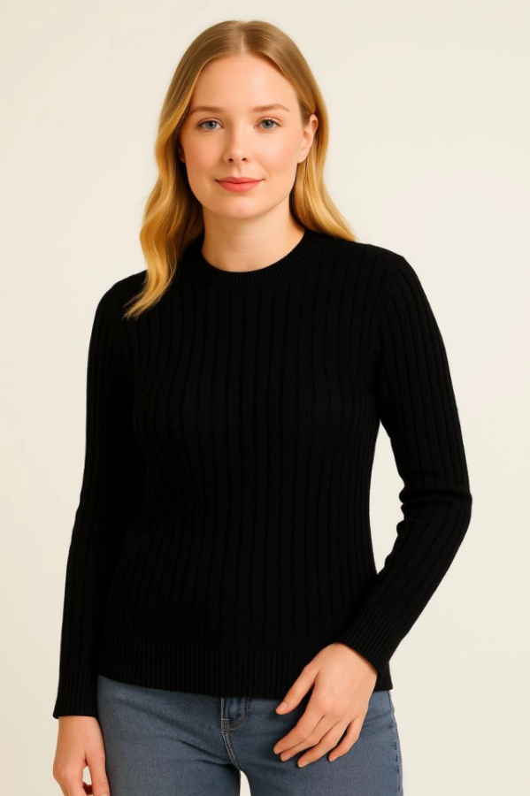 Bisiklet Yuvarlak Yaka Triko Kazak Pamuklu Kalın Fitilli Dokuma, Regular Fit Uzun Kollu Kışlık Model - Siyah - 3