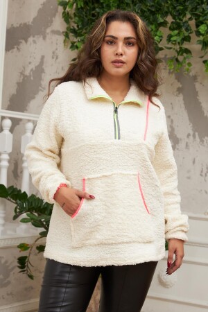 Biye Detaylı Büyük Beden Krem Kıvırcık Sweatshirt - 1