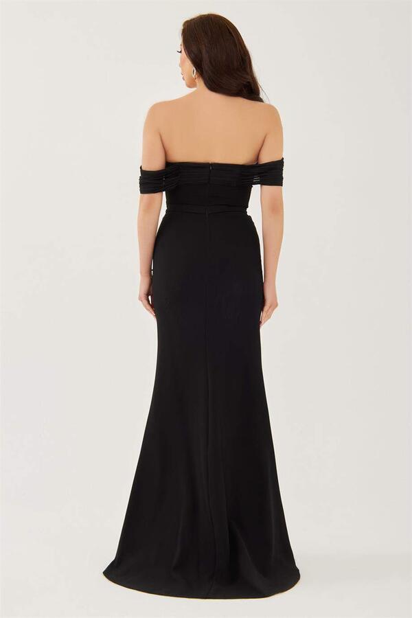Black Crepe Pearl Embroidered Long Prom Dress - 4