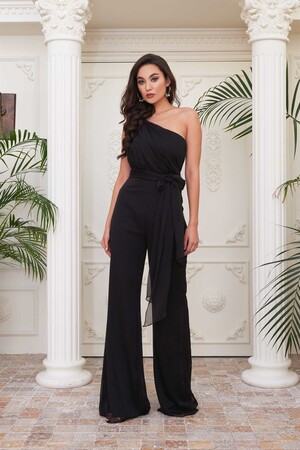 Black Chiffon One-Shoulder Knitted Jumpsuit - 1