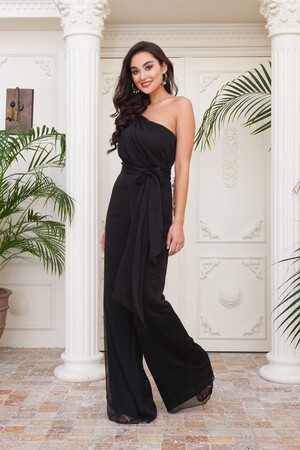 Black Chiffon One-Shoulder Knitted Jumpsuit - 3