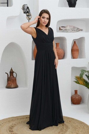 Black Chiffon V-Neck Long Evening Dress - 1