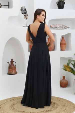 Black Chiffon V-Neck Long Evening Dress - 2