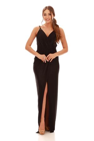 Black Lacquered Chiffon Double Breasted Slit Evening Dress - 1
