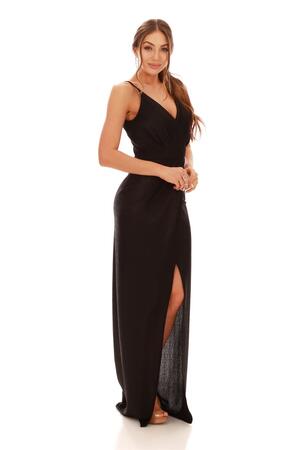Black Lacquered Chiffon Double Breasted Slit Evening Dress - 3
