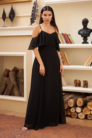 Black Low Sleeve Strap Long Evening Dress - 1