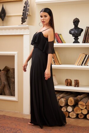 Black Low Sleeve Strap Long Evening Dress - 3