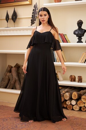 Black Low Sleeve Strap Long Evening Dress - 4