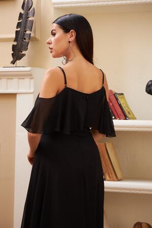 Black Low Sleeve Strap Long Evening Dress - 5