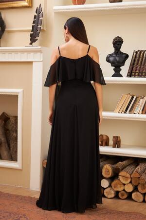 Black Low Sleeve Strap Long Evening Dress - 6