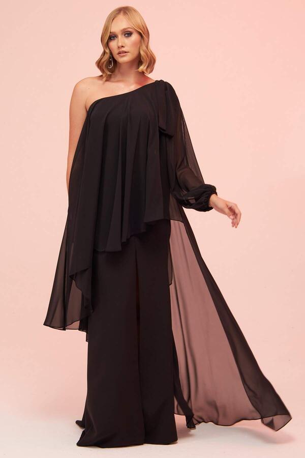 Black Single Sleeve Slit Plus Size Chiffon Evening Dress - 1