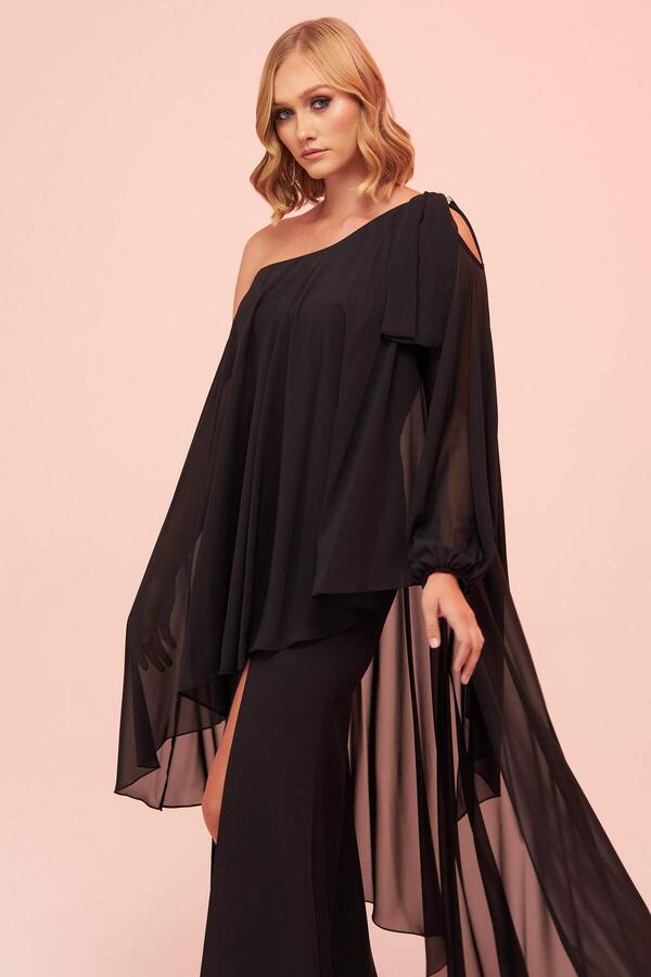 Black Single Sleeve Slit Plus Size Chiffon Evening Dress - 2