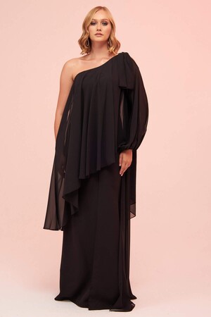 Black Single Sleeve Slit Plus Size Chiffon Evening Dress - 3