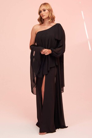 Black Single Sleeve Slit Plus Size Chiffon Evening Dress - 4