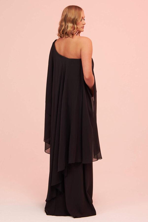 Black Single Sleeve Slit Plus Size Chiffon Evening Dress - 5