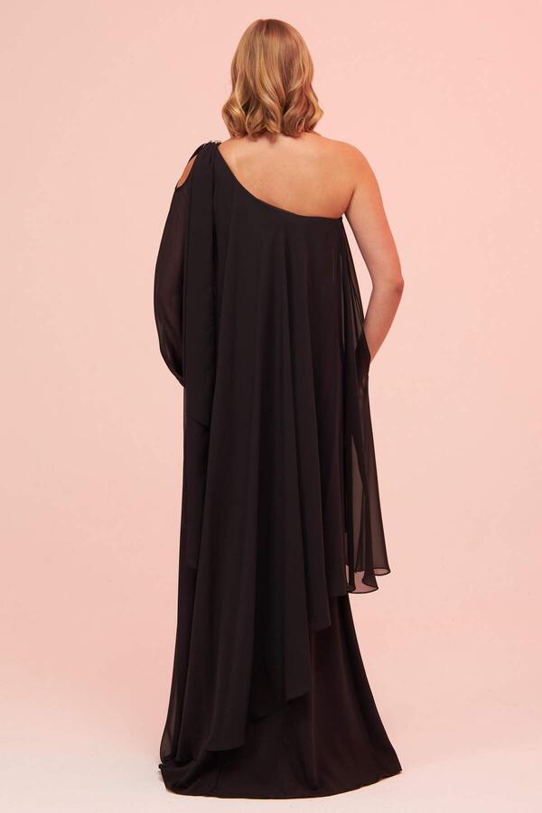 Black Single Sleeve Slit Plus Size Chiffon Evening Dress - 6