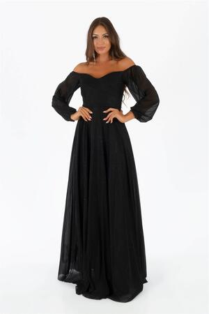 Black Glitter Collar Long Sleeve Engagement Dress - 1