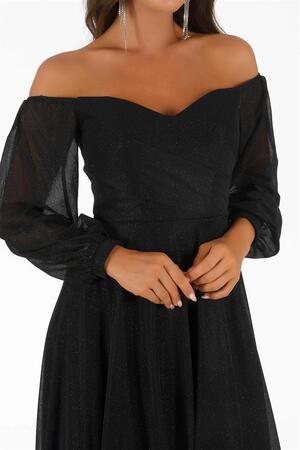 Black Glitter Collar Long Sleeve Engagement Dress - 4