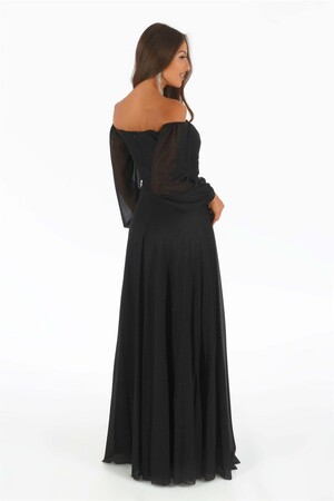 Black Glitter Collar Long Sleeve Engagement Dress - 5