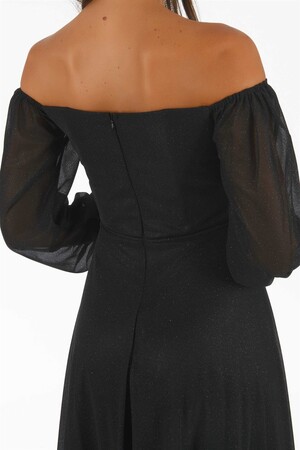Black Glitter Collar Long Sleeve Engagement Dress - 6