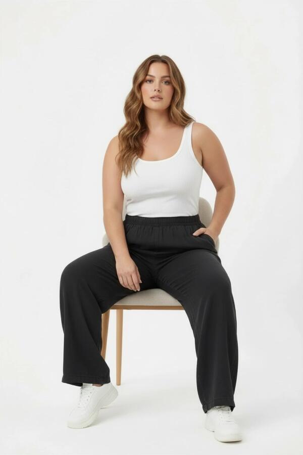 Bol Paça Büyük Beden Beli Lastikli Füme Pantolon - 3