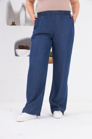 Bol Paça Büyük Beden Beli Lastikli Mavi Pantolon - RMG