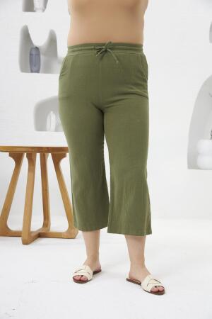 Bol Paça Büyük Beden Pamuklu Pantolon Kapri Haki - RMG