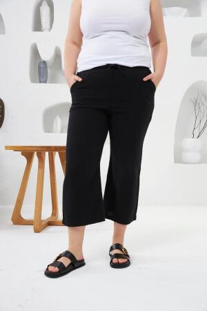 Bol Paça Büyük Beden Pamuklu Pantolon Kapri Siyah - RMG