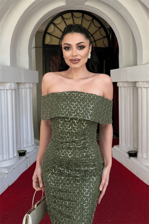 Boncuklu Tül Kumaş Straplez Kalem Elbise - HAKİ YEŞİLİ - 3