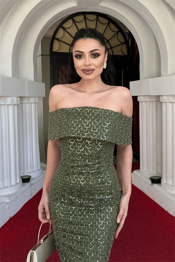 Boncuklu Tül Kumaş Straplez Kalem Elbise - HAKİ YEŞİLİ - 3