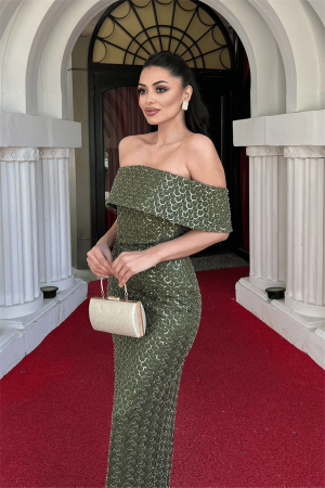 Boncuklu Tül Kumaş Straplez Kalem Elbise - HAKİ YEŞİLİ - 4