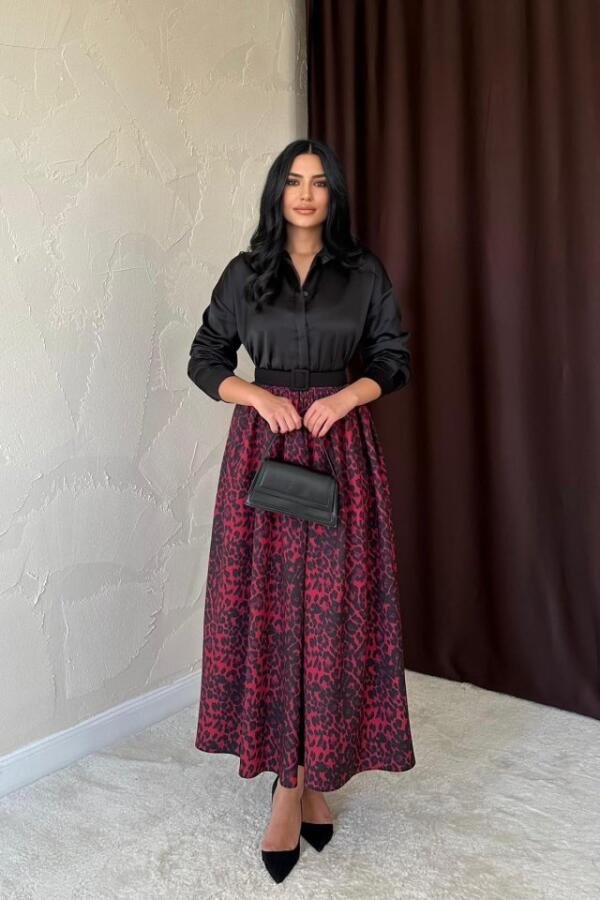 Bordo Leopar Büzgülü Uzun Etek - 1