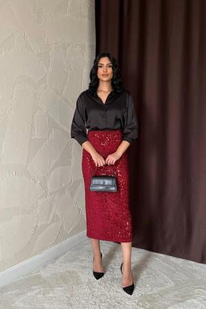 Bordo Pulpayetli Parlak Etek - 1