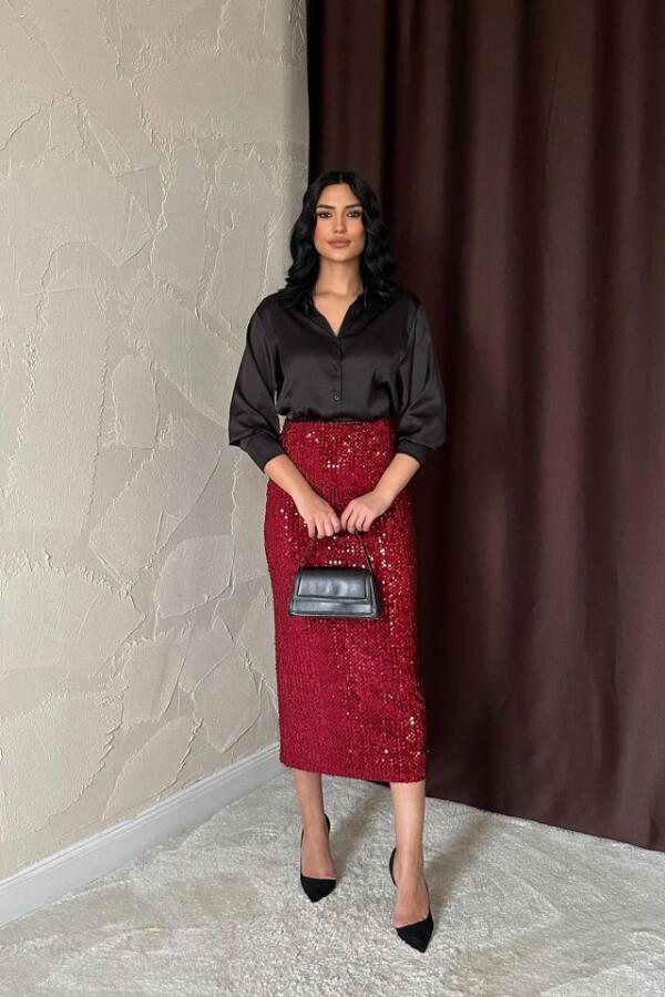 Bordo Pulpayetli Parlak Etek - 1