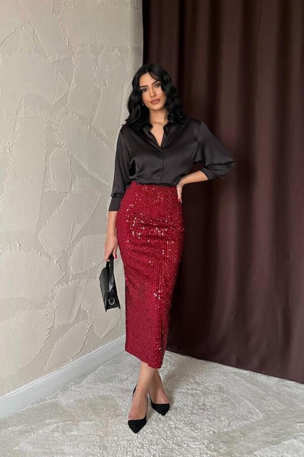 Bordo Pulpayetli Parlak Etek - 2