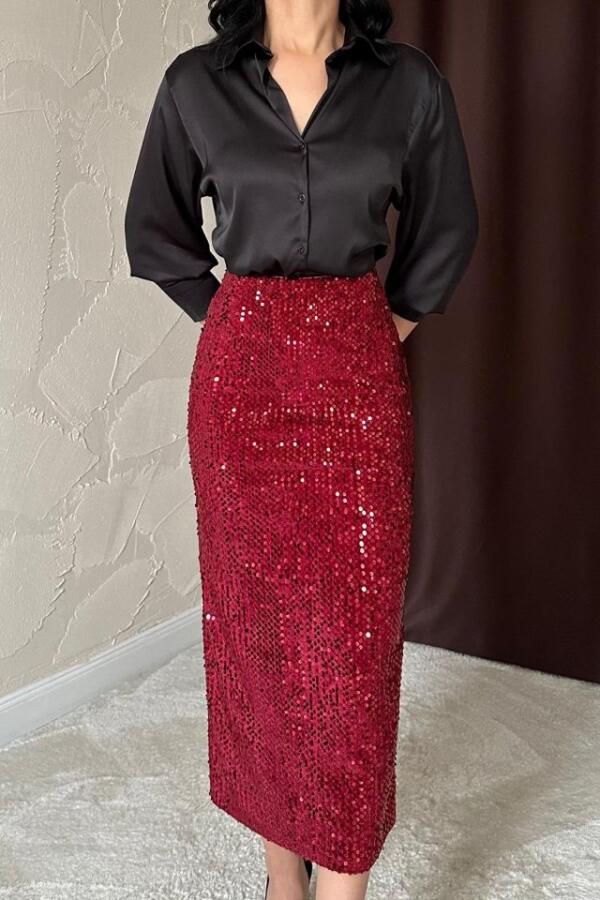 Bordo Pulpayetli Parlak Etek - 3