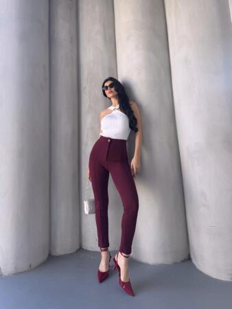 Bordo Renk Yüksek Bel Maskülen Kesim Kumaş Pantolon - 15