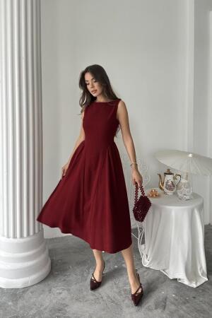 Bordo Yanları Büzgülü Midi Boy Keten Elbise - ANGELINO BuyukBedeniz