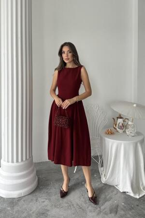 Bordo Yanları Büzgülü Midi Boy Keten Elbise - ANGELINO BuyukBedeniz (1)