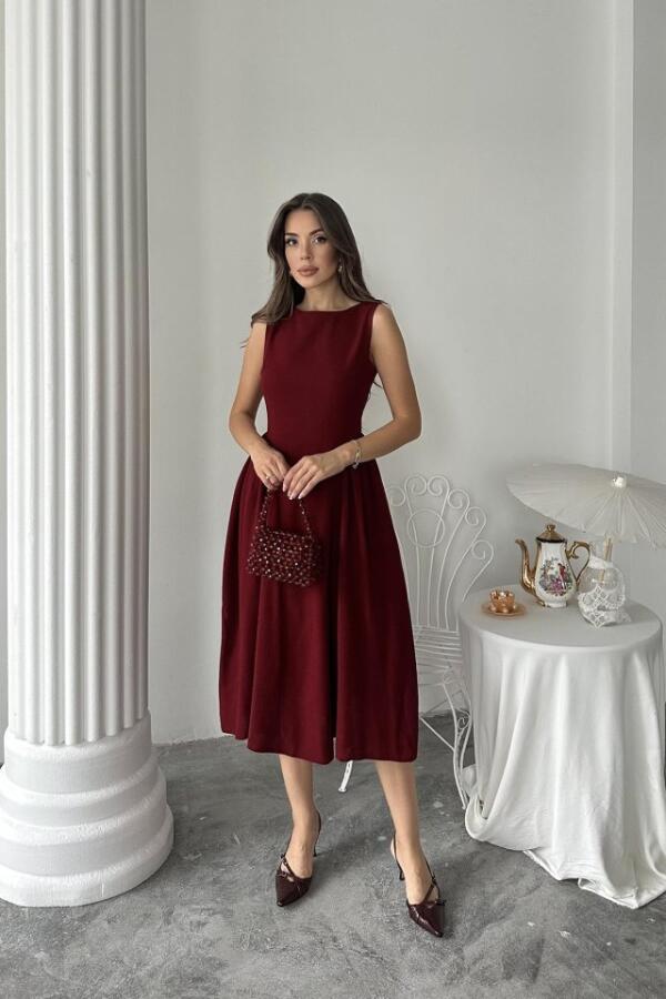 Bordo Yanları Büzgülü Midi Boy Keten Elbise - 2