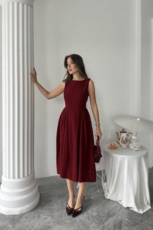Bordo Yanları Büzgülü Midi Boy Keten Elbise - 3