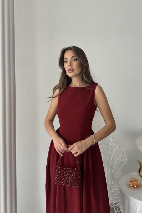 Bordo Yanları Büzgülü Midi Boy Keten Elbise - 4