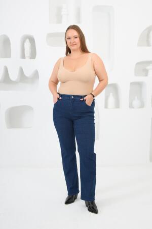 Boru Paça Büyük Beden Kot Pantolon Koyu Lacivert - 5
