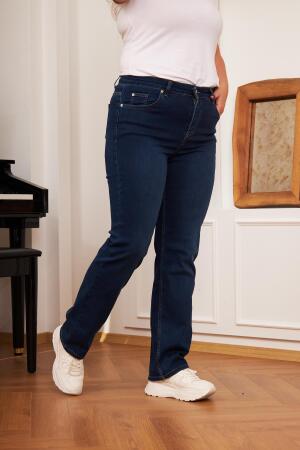 Boru Paça Büyük Beden Koyu Lacivert Kot Pantolon - 3