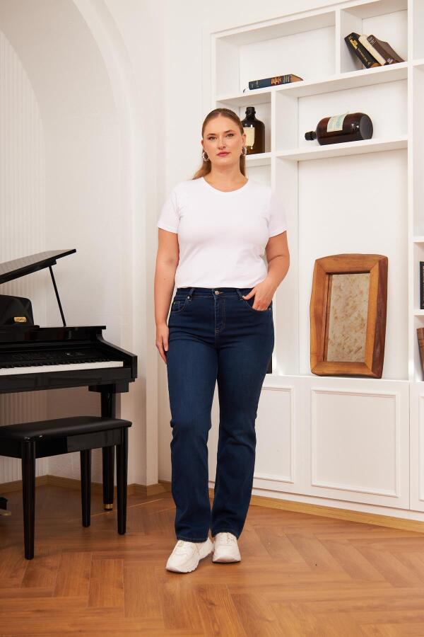 Boru Paça Büyük Beden Koyu Lacivert Kot Pantolon - 5