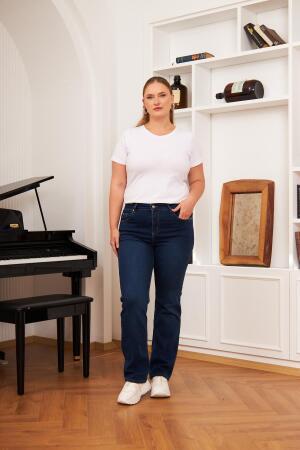 Boru Paça Büyük Beden Koyu Lacivert Kot Pantolon - 5