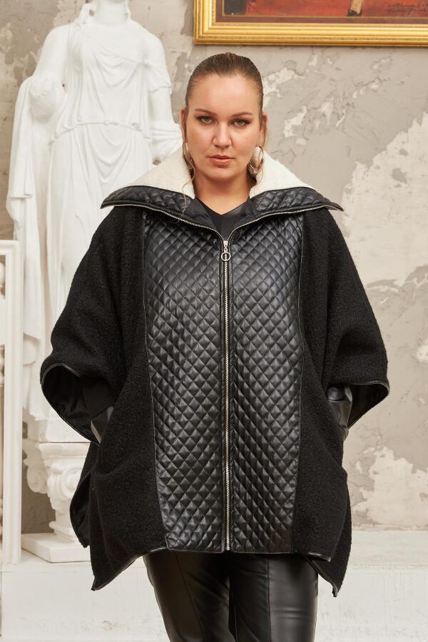 Buklet Ve Deri Garnili Büyük Beden Siyah Panço Kaban - 1