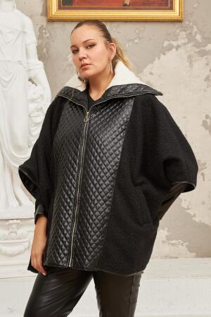 Buklet Ve Deri Garnili Büyük Beden Siyah Panço Kaban - RMG (1)