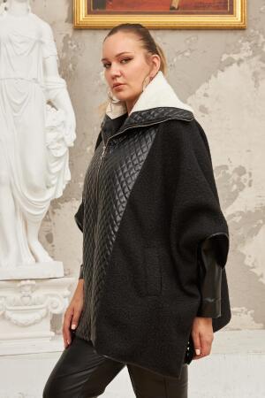 Buklet Ve Deri Garnili Büyük Beden Siyah Panço Kaban - 3