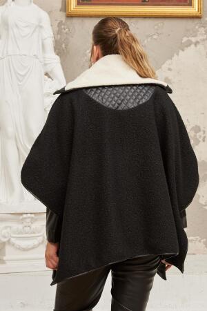 Buklet Ve Deri Garnili Büyük Beden Siyah Panço Kaban - 4